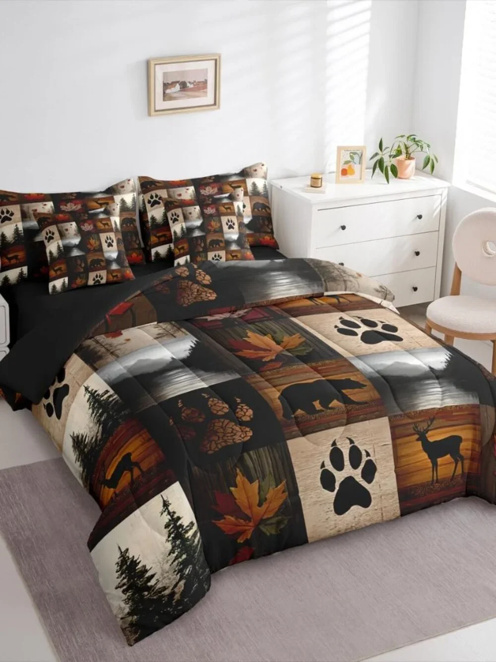 Bear Cabin Plaid Queen Comforter Set with Sheets 7 Piece Retro Hunting Deer Bed